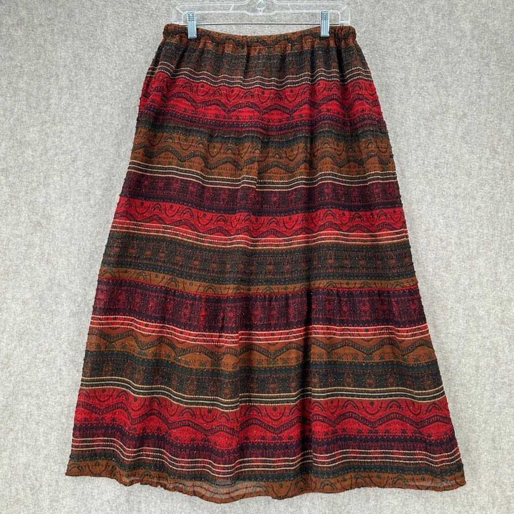 Chicos Maxi Skirt Bohemian Aztec Elastic Waist Red Black‎ Shimmery LARGE